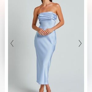 Showpo MARGOT MIDI DRESS - GATHERED BUST DETAIL STRAPLESS SATIN BIAS CUT DRESS